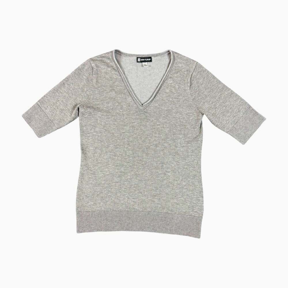 Cable & Gauge Women’s Gray Knit V-Neck 3/4 Sleeve Pullover Sweater Size S